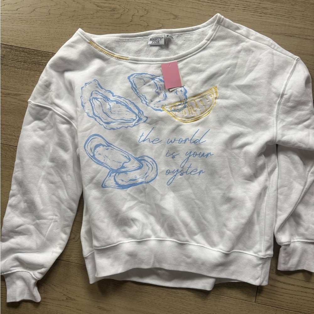 NWT White Off-Shoulder oyster Graphic Sweatshirt - Women size M - Picture 6 of 9